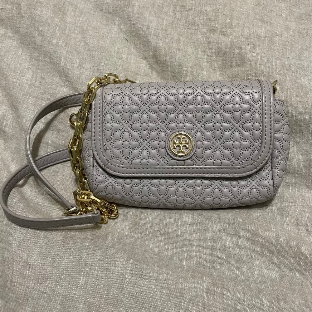 Tory Burch Crossbody Womens Small Grey Marion Quilted Leather Gold Chain Bag